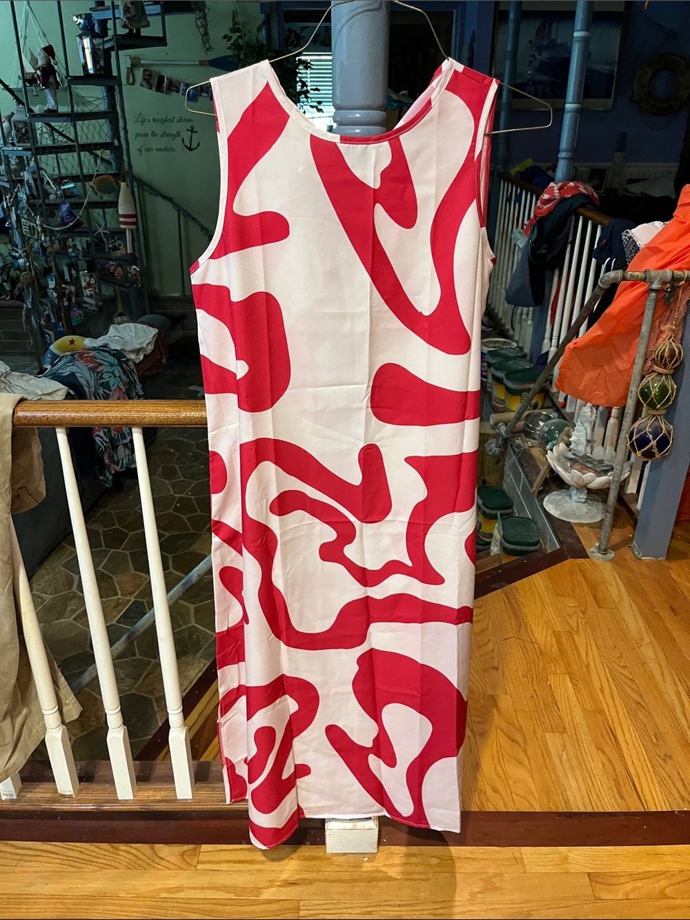 Sleeveless Red & White Abstract Print Midi Dress